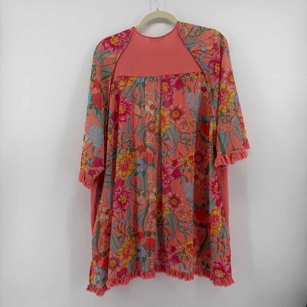 Umgee Womens 1XL/2XL Coral Pink Floral Kimono Cardigan Frayed Fringe Boho Arsty - Picture 2 of 6